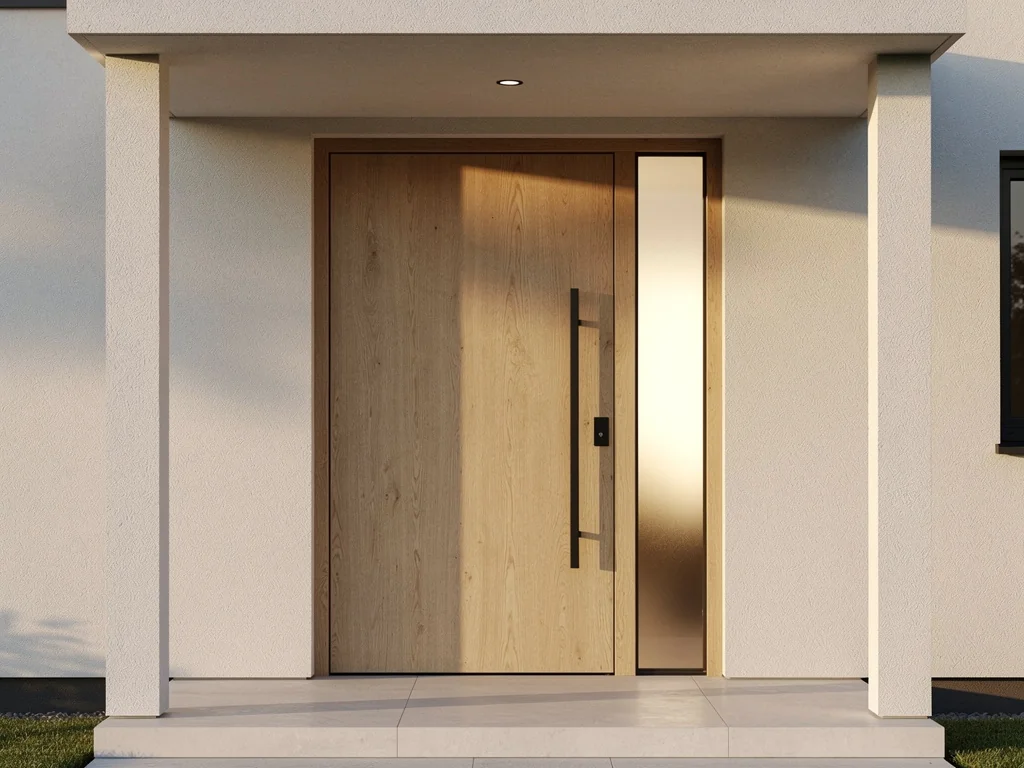 Porte d'entrée contemporaine en chêne avec vitrage vertical
