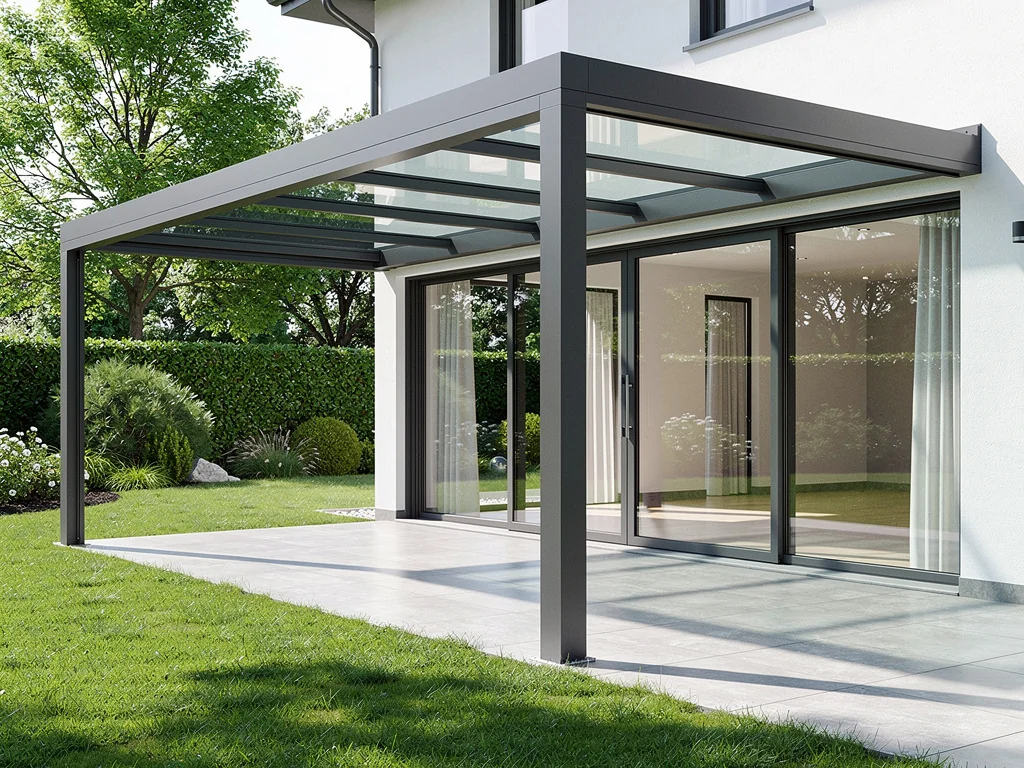 Véranda moderne à toit plat vitré ouverte sur le jardin