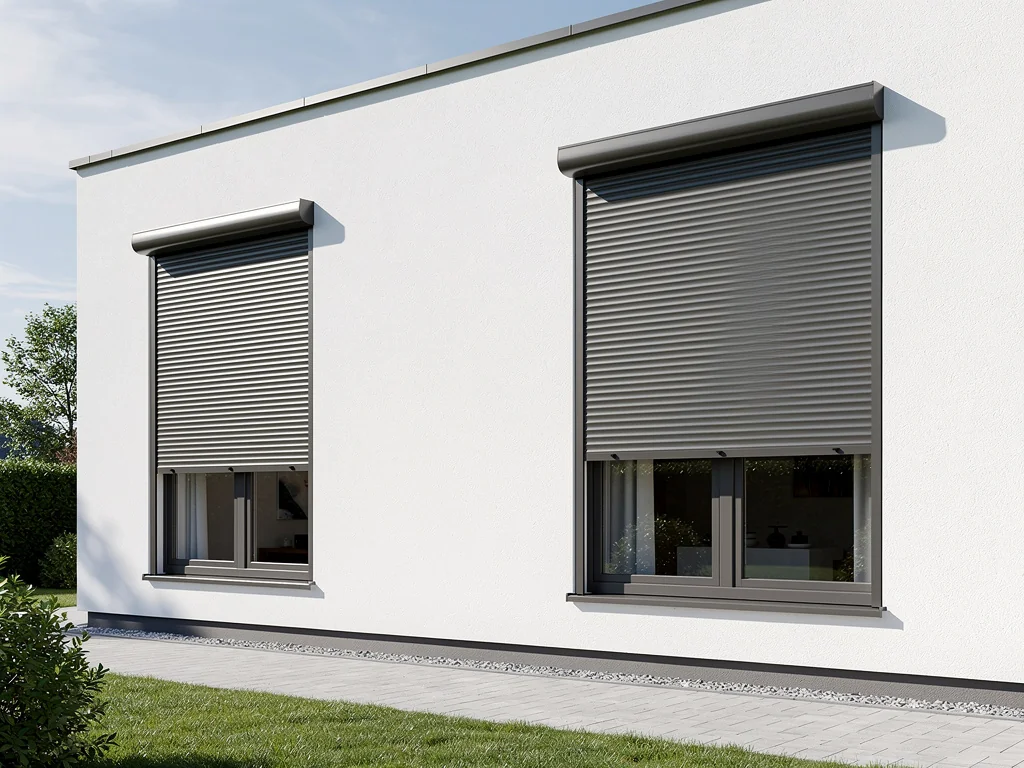 Volets roulants gris anthracite motorisés sur une maison enduite